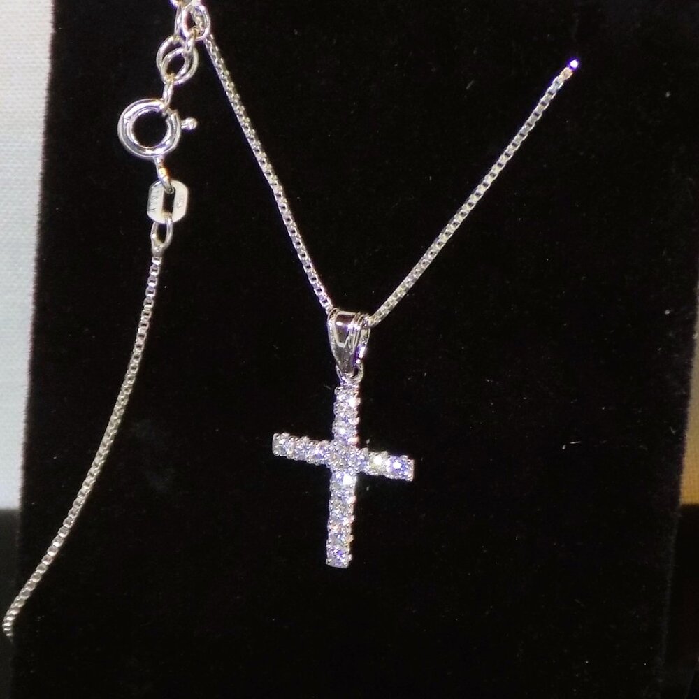 Sterling Silver 925 Italy Crystal Cross Dainty Pendant Necklace. Faith Religious